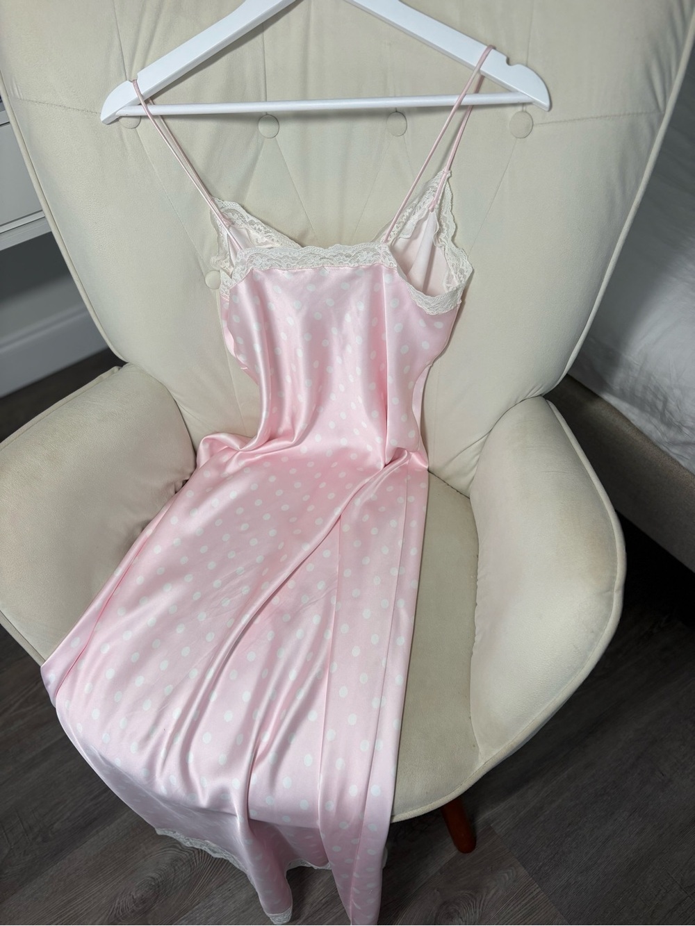 LoveShackFancy manuela Pale Pink Polka Dot Satin Slip Dress with White Lace - Picture 6 of 8